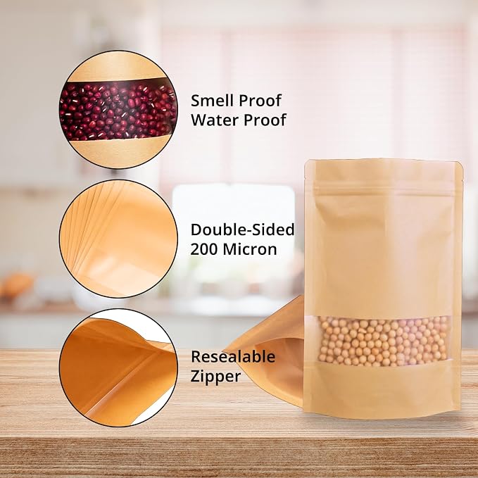 50 Pcs 3.5" x 5.5" Kraft Paper Bags with Window,Reusable Small Mini Stand Up Pouches for Food Storage,Resealable Zipper Packaging Bags for Small Business, Coffee, Candy, Cookie, Snacks, Tea - Image 6