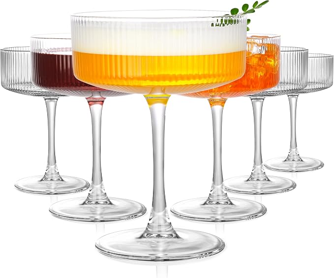 Amyoole Vintage Ribbed Coupe Glasses Set of 6, 11oz Martini Glasses | Clear 100% Crystal, Bar Drinking Glasses, Elegant Cocktail Glasses, for Champagne, Margaritas, Espresso, With Rose Ice Mold by Amyoole