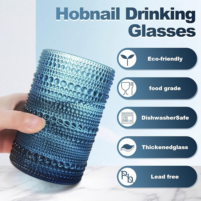15oz Colored Hobnail Drinking Glasses, Vintage Glasses Drinking Set of 6, Embossed Beaded Glass Cups for Kitchen, Beer, Juice, Cocktail, Whiskey, Milk - Image 5