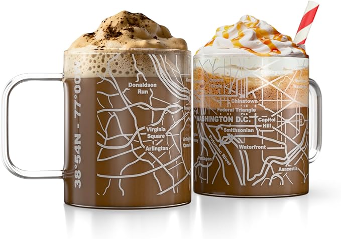 Greenline Goods – Washington, DC Map Glass Coffee Mugs (Set of 2), 16 oz – Etched Wrap Design