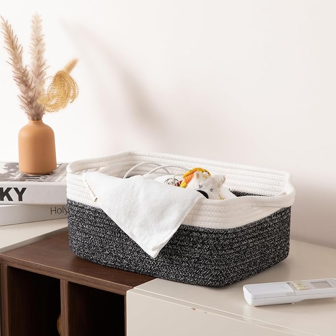 OIAHOMY 3 Pack Storage Baskets for Organizing, Woven Cotton Rope Basket for Shelves, Closet Organizer Bins with Handles, Rectangle Toy Organization, 13.78''×9.84''×5.5'', Black & White - Image 6