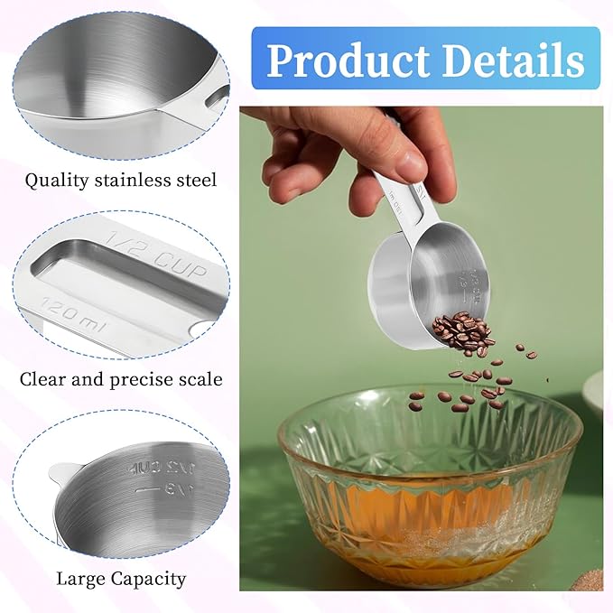4 Pack 1/2 Cup Stainless Steel Measuring Cup 120 ml | 120 cc | 4 oz Metal Measuring Cups with Handle Kitchen Cooking Gadgets Rice Measurings Cups for Wet and Dry Ingredients