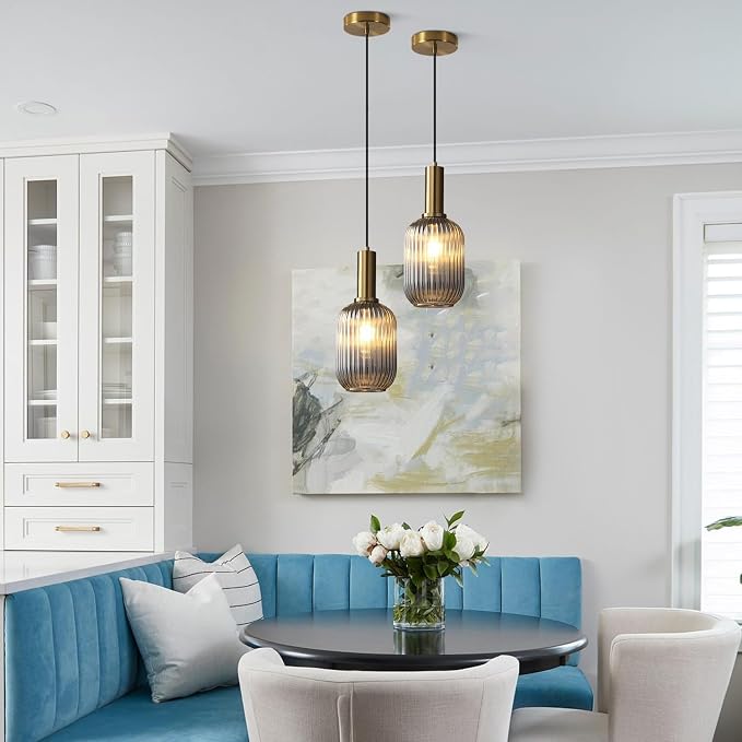 KCO Farmhouse Small 5.1” Smoke Gray Ribbed Cylinder Glass Pendant Light | E26 Bulb Hardwired, Adjustable Cord MCM Vintage Ceiling Hanging Lamp for Sloped Ceiling Kitchen Island Dining Room Bedroom - Image 7