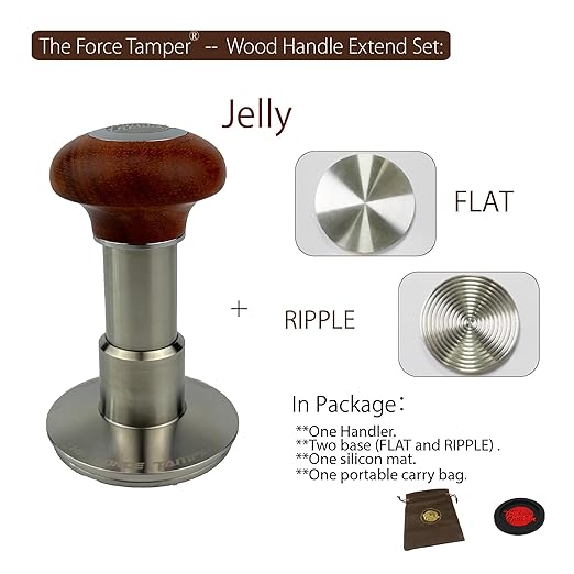 The Force Tamper Automatic Impact Adjustable Constant Pressure and Autoleveling Coffee Tamper Reddish Brown Jellyfish Wooden Handle Set Pro (Extend Set, 53.00mm)