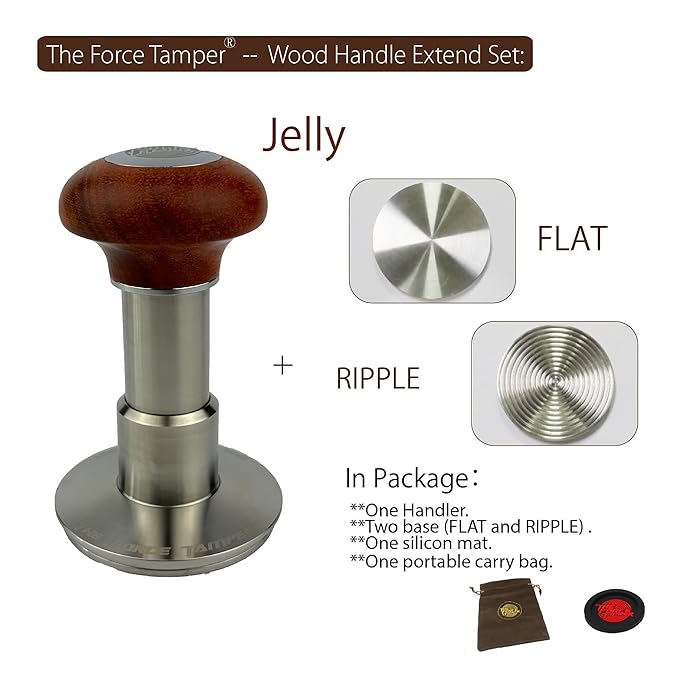 The Force Tamper Automatic Impact Adjustable Constant Pressure and Autoleveling Coffee Tamper Reddish Brown Jellyfish Wooden Handle Set Pro (Extend Set, 54.00mm)