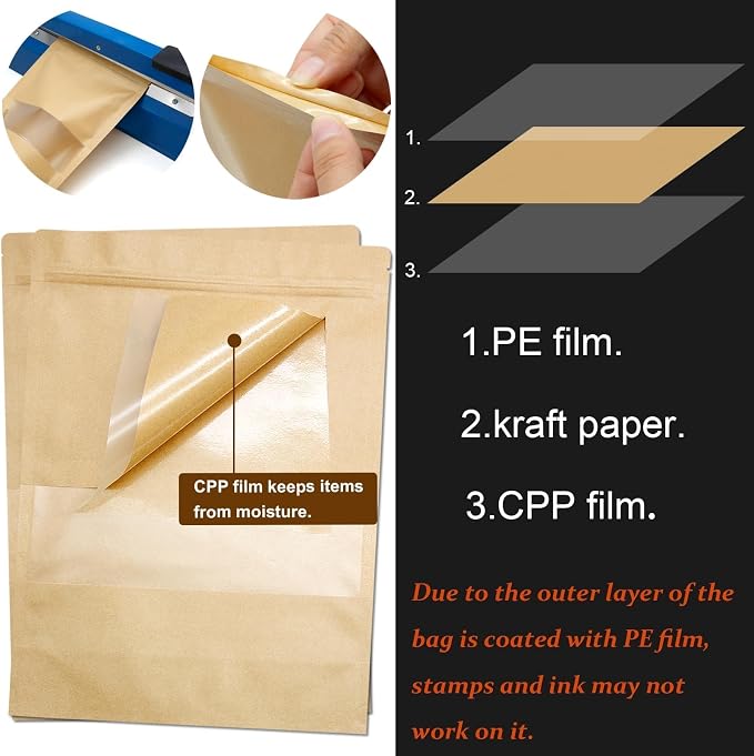 50 Pack Kraft Resealable Bags with Window for Storage (4.8 x 6.5 Inches) | Brown Zipper-Lock Heat Sealable Stand Up Pouch Bags with Matte Window and Tear Notch for Small Business Home Use - Image 4