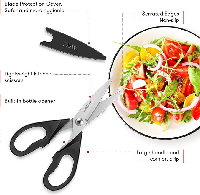 iBayam Black Kitchen Scissors - Heavy Duty Meat & Poultry Shears | Dishwasher Safe Stainless Steel Utility Scissors, 2-Pack Black Kitchen Utensils Set for New Home Essentials, Bottle Opener - Image 2
