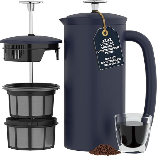 ESPRO P7 French Press Stainless Steel 304 – Patented Double Walled Micro-Filter Insulated French Press Coffee Maker, Grit-Free Brew - Heat Resistant BPA Free - Aegean Blue (32oz)