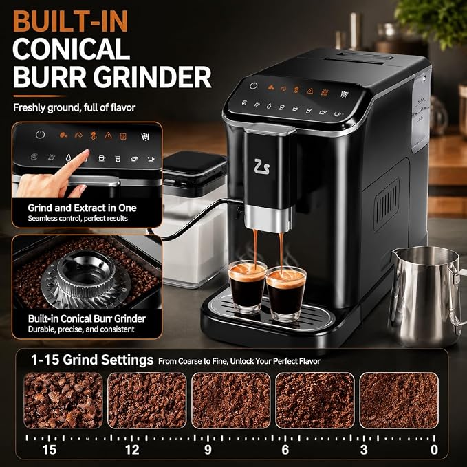 Fully Automatic Espresso Machine with Grinder, 20 Bar Coffee Maker with Dual Boiler System, One Touch Latte Cappuccino Maker with Auto Milk Frother, 1.5L Water Tank for Home Office - Image 5