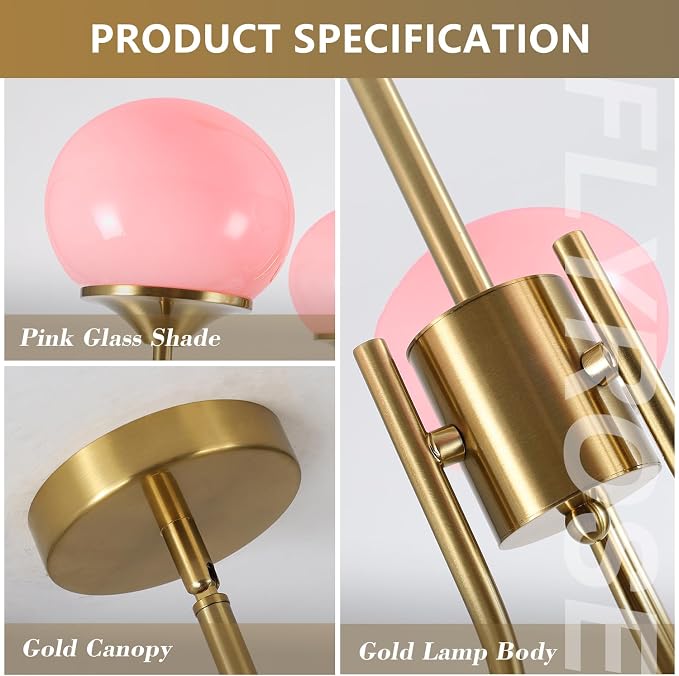 Pink Globe Chandelier for Girls Room Mid Century Modern 3 Light Pendant Lights Vintage Gold Semi Flush Dining Room Light Fixture Retro Pink Ceiling Lamp - Image 3