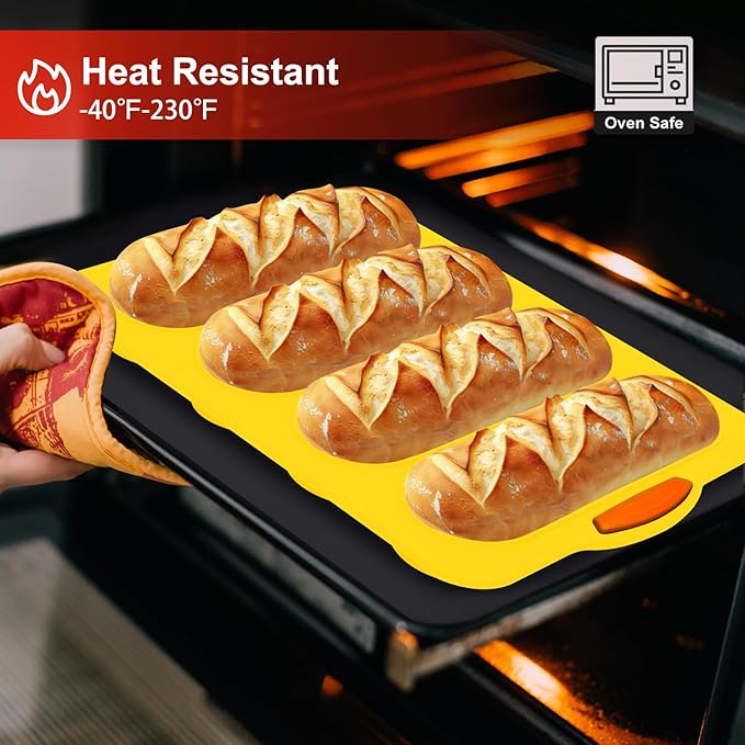 Silicone Bread Loaf Pan, 4-cavity Non-Stick Baguette Bread Pan Heat Resistant Hot Dog Bun Mold, for Sub Roll Baking Pan Bread Pans for Homemade Bread（Yellow）