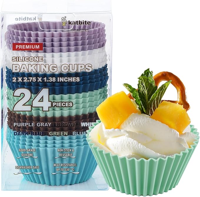 Katbite Silicone Cupcake Liners 24 Pack, Reusable Muffin Baking Cups | Heavy Duty, Non-Stick, Food-Grade Soft Pale Cupcake Holders for Party, Halloween, Christmas by katbite