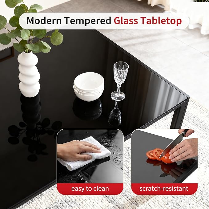 FDW | Dining Table for 4-6 People | Black | 47 Inch Rectangular Glass Kitchen Table | Space-Saving and Modern Design | for Dining Room, Easy to Assemble - Image 4
