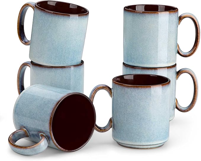 vancasso ONION Ceramic Coffee Mugs Set of 6, 16 Oz Coffee Cups for Latte, Cappuccino, Tea & Hot Cocoa, Artisan Modern Style for Coffee Bar, Home & Kitchen, Microwave & Dishwasher Safe, Light Blue Gray by vancasso