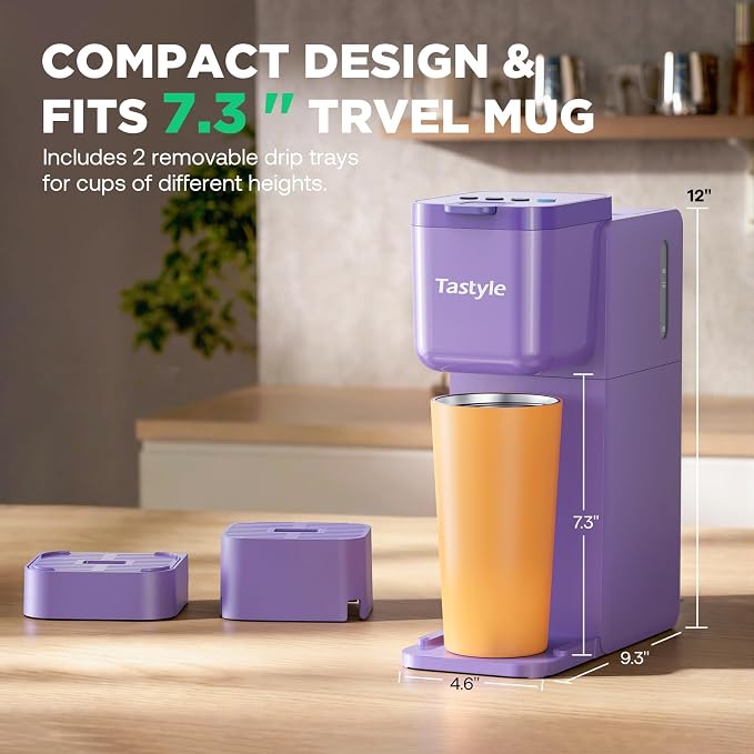Tastyle Single Serve Coffee Maker Hot and Iced with Bold Brew, Up to 16 Oz | for K Cup and Ground, Fits 7.3'' Travel Mug, 5 Cup Sizes, Compact for Office, RV& Hotel, K320, 3.0 Version, Purple - Image 5