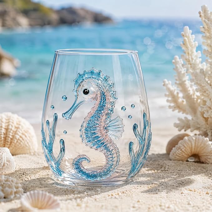 Blue Handmade Stemless Wine Glass 3D Ocean Cup (White Style 5) | 3D Sculpted Handmade Blue Ring Stemless Glass Ocean Cup Handblown Glassware (White Style 5) - Image 3