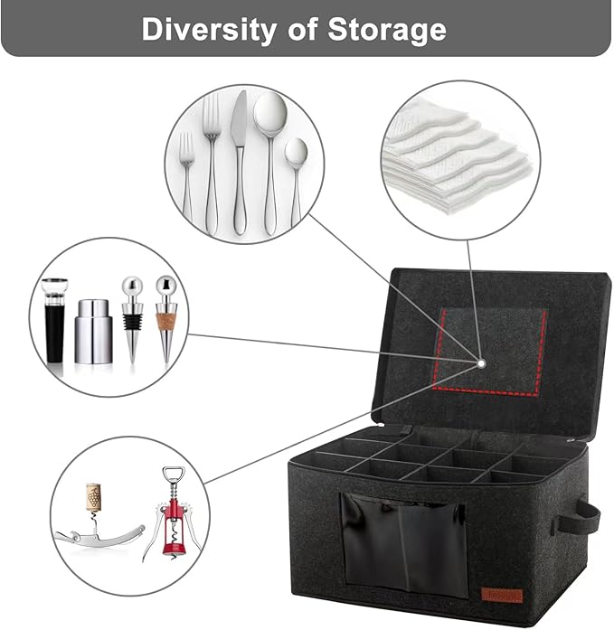 Foyego Wine Glass Storage Box with 24 Dividers, Dark Gray, 2 Pack | Visible Window, Soft Handles, for Packing and Moving, Stackable Storage Containers for Stemware, Glassware, Crystal Glasses - Image 4