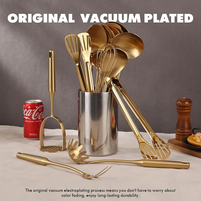 Gold Cooking Utensils Set - 16 PCS All Metal Small and Large Spoons Set | 18/10 Stainless Steel Kitchen Tools, 15″ Serving Utensil - Whisk, Masher, Fork, Tongs, Spatula, Turner, Ladle, Skimmer, Pasta - Image 5
