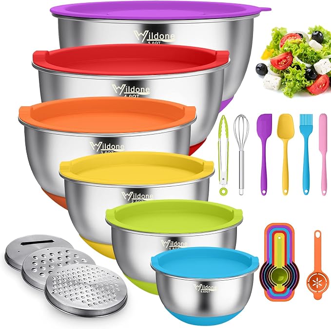 Wildone Mixing Bowls with Airtight Lids, Stainless Steel Mixing Bowls Set | Metal Bowls with 3 Grater Attachments & Non-Slip Bottom, Size 5, 4, 3, 2,1.5, 0.63QT, Includes Utensil Set for Prep, Colored by Wildone