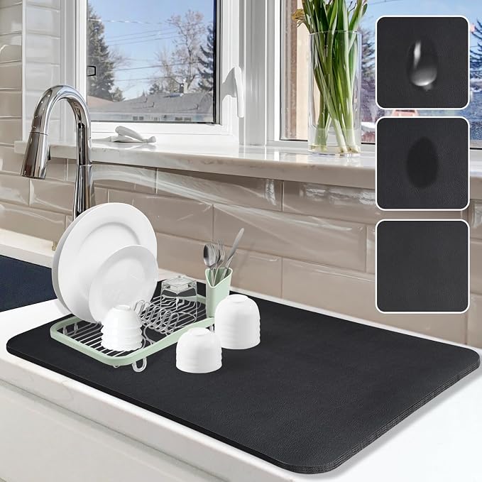Dish Drying Mat for Kitchen Counter, 16"x24" Pad with Rubber Backed (Black) | Hide Stain Anti Absorbent for Kitchen Counter, Non-slip Drying Mat for Coffee Machine Dish Rack by Etomiel