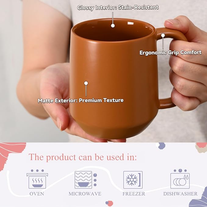 Miicol Ceramic Coffee Mug, 16 oz Large Coffee Cup, Tea Mug with Handle, Flat Bottom Mug for Men, Women, Office, Microwave and Dishwasher Safe, Multi-Color, Burnt Orange - Image 7