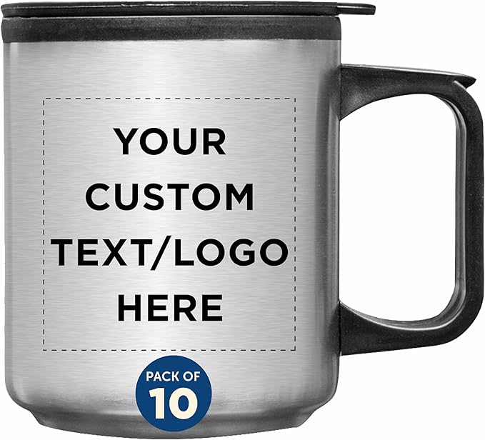 DISCOUNT PROMOS Custom Stainless Steel Travel Mugs with Handle 12 oz. Set of 10, Personalized Bulk Pack - Perfect for Coffee, Soda, Other Hot & Cold Beverages - Stainless Steel