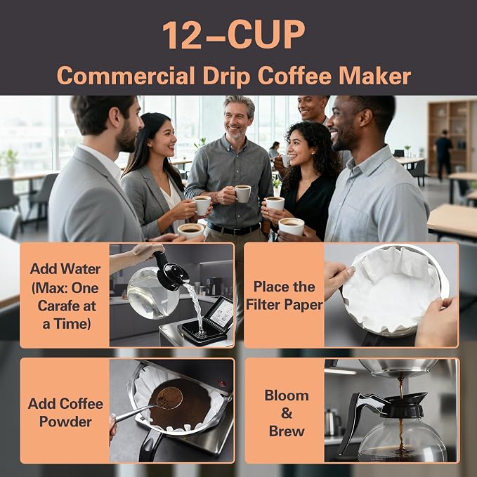 VONCI 1610W Commercial Coffee Maker, 12 Cup Drip Coffee Machine, 2 Glass Carafes and 2 Warmers, Stainless Steel Housing & Funnel, Industrial Coffee Maker for Offices, Hotels, Home - Image 2