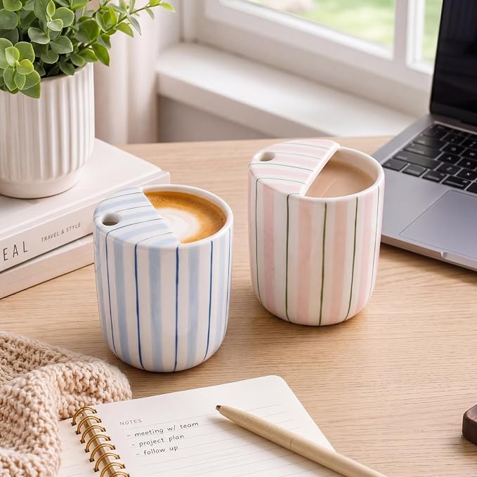 2 Pack Ceramic Mug with Sip Hole 10 oz Stripes Pattern Espresso Cup Coffee Mug Hand Painted Ceramic Cup Pink and Blue Heat Resistant Non Slip with Built in One Lid Handcraft Gift - Image 6