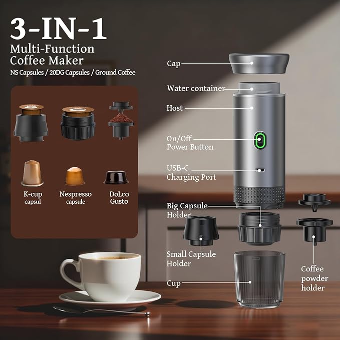 USB-C Self-Heating Portable Espresso Maker for Ground Coffee & Capsules | Compact travel coffee cup, ideal for car, RV, hiking, camping and office outdoor coffee brewing - Image 6