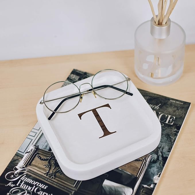 I'm Wooden Personalized Letter Catchall Valet Tray Trinket Dish Jewelry Tray Key Bowl Decorative Plate Organizing Ring Earrings Necklaces Bracelet Watch Coins Wallet Holder (6"x6" Sq White T)