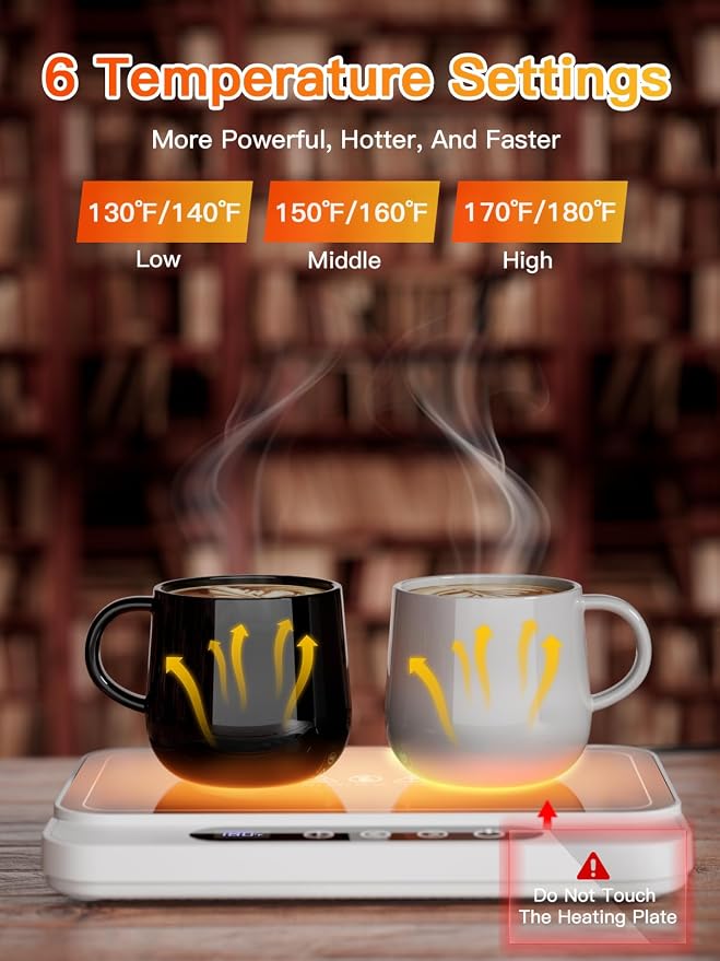 Misby Mug Warmer, 50W Large Heating Panel Coffee Mug Warmer with 6-Temp Settings, 8H Auto Shut-Off, 12H Timer, Ultra-Thin Design, Coffee Cup Warmer for Desk, Ideal for Home, Office, Travel (White) - Image 3