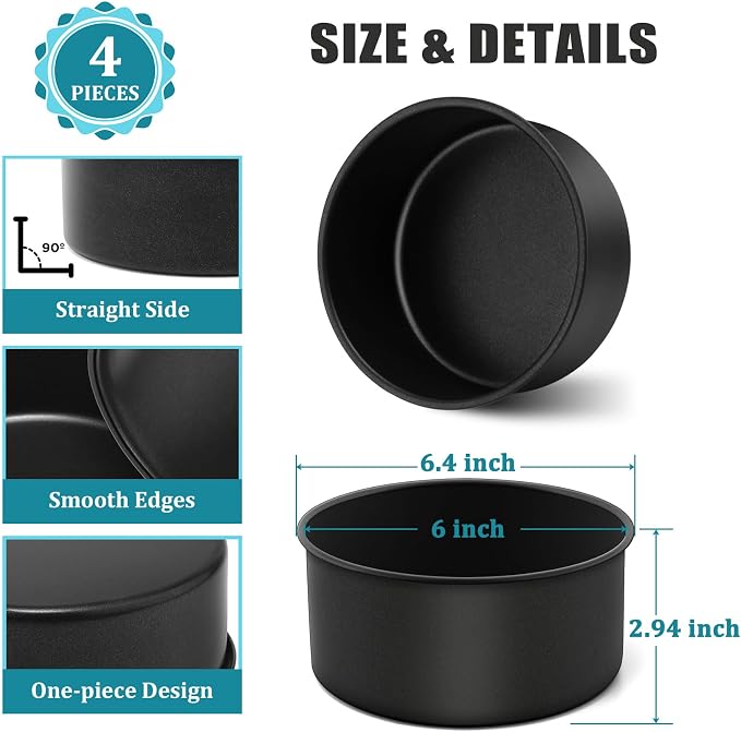 P&P CHEF 6 Inch Cake Pan Set, 4Pcs Non-stick Round Baking Cake Pans Tins | Stainless Steel Core & Nonstick Coating, Good for Baking Layer Tier Cakes for Birthday Wedding, Deep Side & One-piece Design - Image 2
