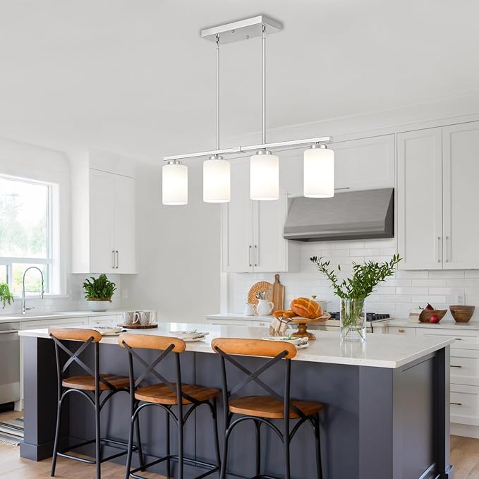 Brushed Nickel Kitchen Island Lighting Modern Dining Room Light Fixtures | 4-Light Linear Chandelier Over Table, 30'' Island Lights for Kitchen White Frosted Glass Shades, Adjustable Height - Image 3