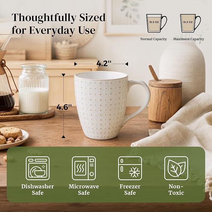DOWAN Coffee Mugs Set of 6, 19 oz Large Mug, Ceramic Embossment Stoneware Tea Cups with Handle for Men Women, Handcrafted Mug Gift Set, Housewarming Wedding Gift - Image 2