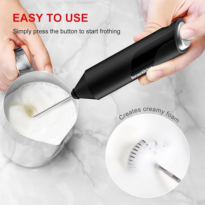 Bonsenkitchen Milk Frother for Coffee, Battery Operated （Not Iincluded) | Fast Handheld Drink Mixer with Stainless Steel Whisk, Powerful Hand Frother, Creates Rich Foam - Image 3