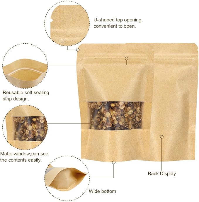 50 Pack Kraft Resealable Bags with Window for Storage (6.5 x 8.7 Inches) | Brown Zipper-Lock Heat Sealable Stand Up Pouch Bags with Matte Window and Tear Notch for Small Business Home Use - Image 5
