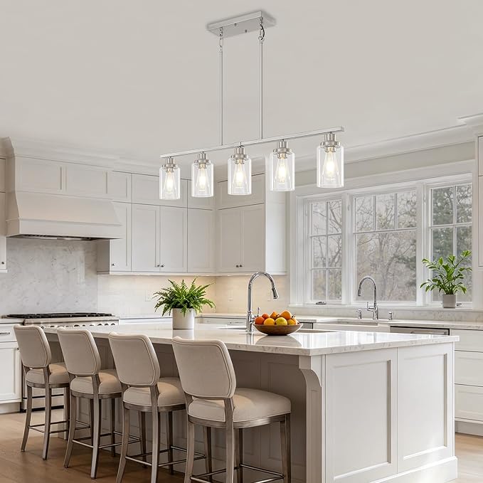 Brushed Nickel Linear Chandelier Over Table, Dining Room Light Fixtures | 5-Light Kitchen Island Lighting, 37'' Modern Island Lights for Kitchen with Clear Glass Shade, Adjustable Height - Image 9