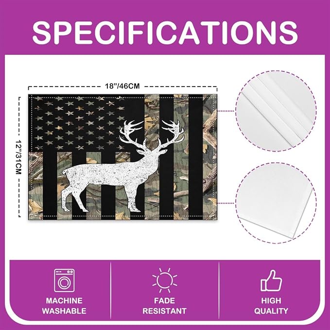 Feelyou American Flag Placemats Set of 4 18"x12" Cute Deer Table Place Mats Decor Deer Hunting Placemat for Kitchen Dining Table Farmhouse Striped Boho Indoor Outdoor Decor Table Mats Wild Animal - Image 4