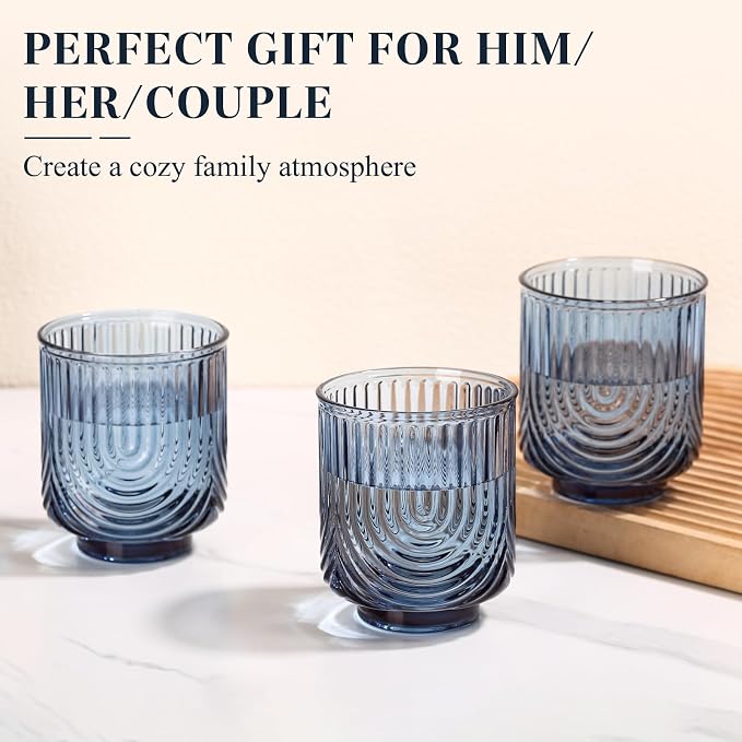 Blue Vintage Drinking Glasses Set of 6-15oz Hand-Blown Highball Ribbed Glassware, Arch Design Cocktail Glasses for Whiskey Water Beverages Ice Coffee Juice Milk - Image 5