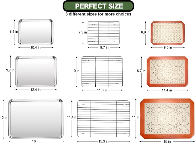 Baking Sheet Tray Cooling Rack with Silicone Baking Mat Set, Stainless Steel Cookie Pan For Oven, Set of 9 (3 Sheets + 3 Racks + 3 Mats), Warp Resistant & Heavy Duty & Easy Clean, Red - Image 2