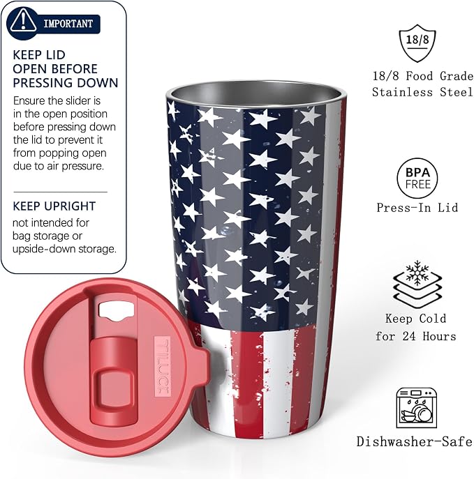 TILUCK 20 oz Insulated Coffee Tumbler with BPA-Free Lid | Travel Coffee Mug, Dishwasher Safe, Cup Holder Friendly, Double-Wall Vacuum Insulation for Hot & Cold Drinks, RedFlag - Image 2