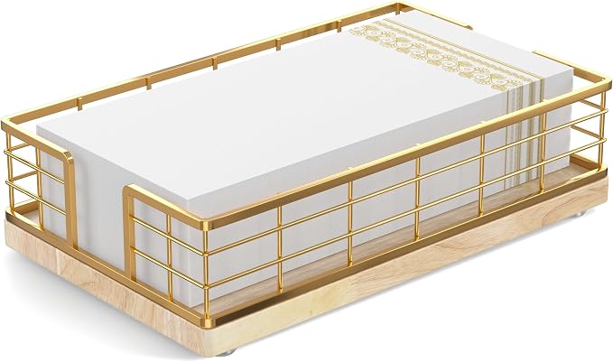 Wican Guest Towel Holder Tray for Bathroom, Oak and Iron Napkins Holder | Powder Room Dining Table Wooden Basket for Disposable Paper Hand Towels, Gold and Oak by Wican