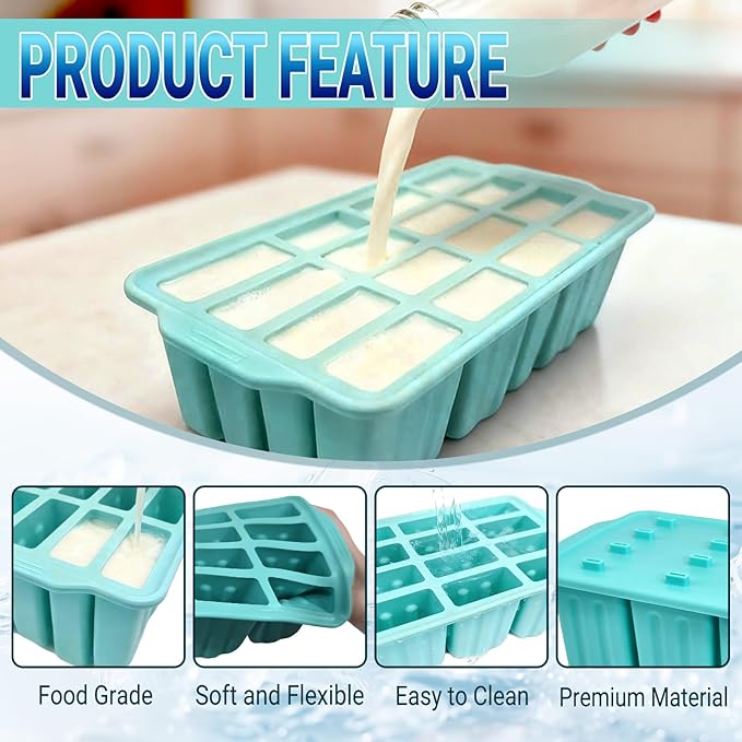 12-Cavity Silicone Popsicles Molds, Reusable Ice Pop Makers with 50 Sticks, Blue Small Ice Cream Mold for Homemade Frozen Dessert