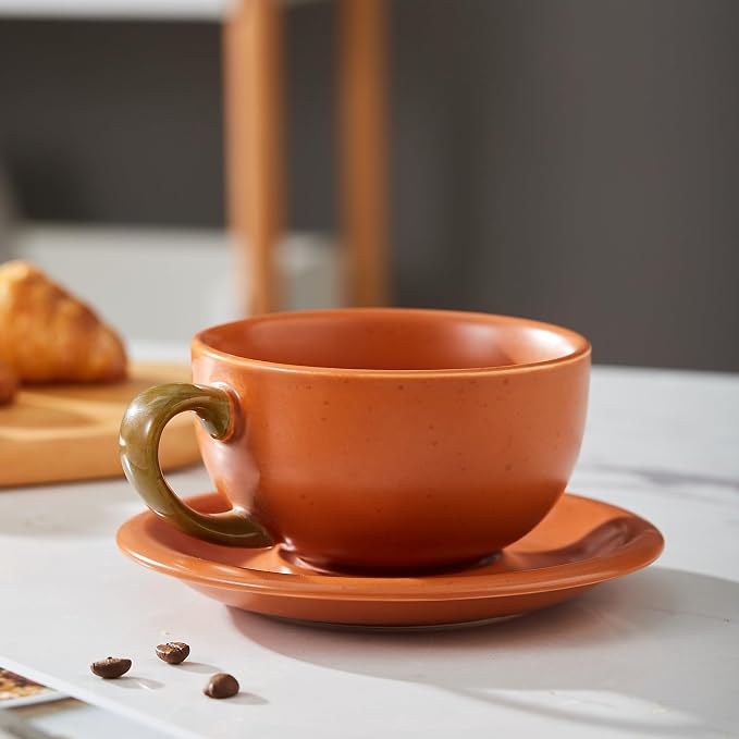 Coffeezone Vintage Design 12 oz Ceramic Latte Art Cappuccino Barista Cup with Saucer (Pumpkin Orange) - Image 3