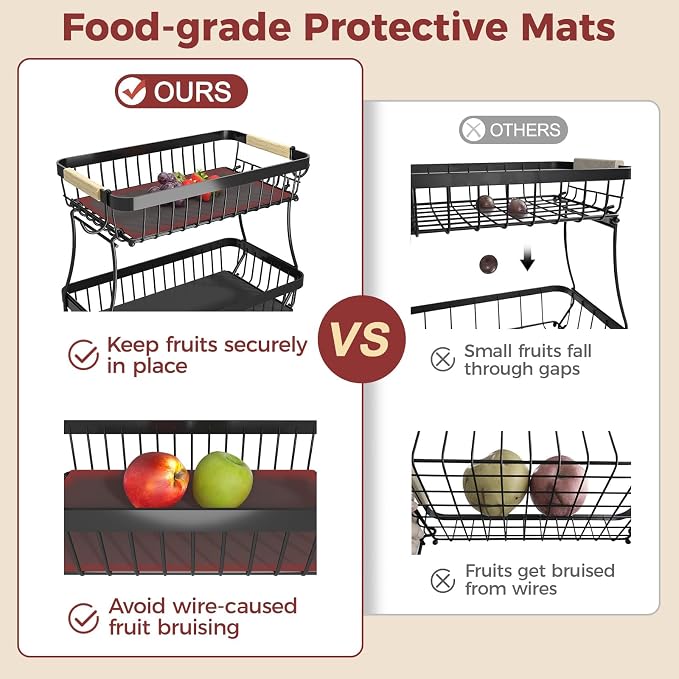 2-Tier Fruit Basket with Banana Hangers, Detachable Metal Bowl | Wooden handle, protective mats included. Versatile holder for bread, snacks, and veggies. Large 2 tier metal design. - Image 5