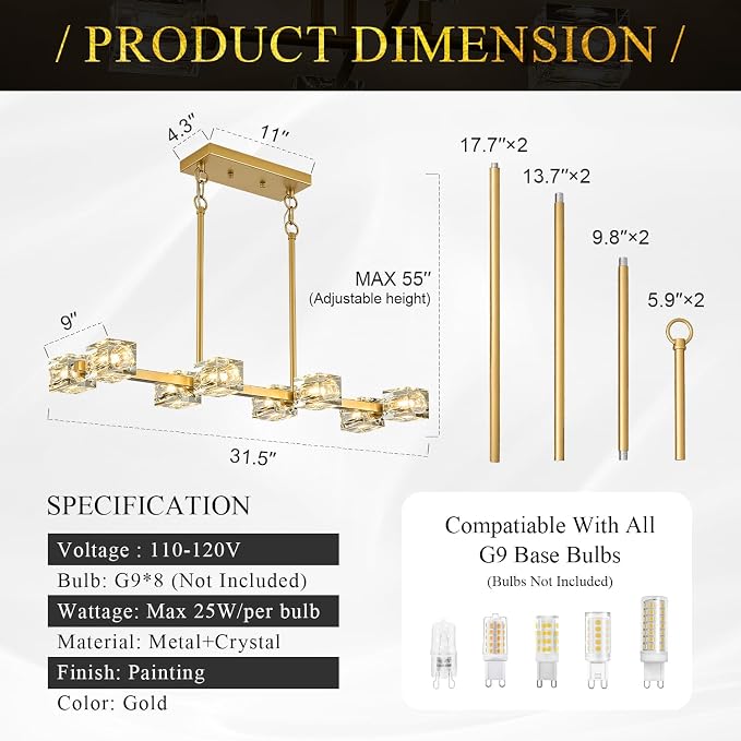 Modern Crystal Chandelier 8-Light Gold Sputnik Ceiling Pendant Lights L 31.5" Dining Room Hanging Light Fixture for Kitchen Island Over Table Living Room Bedroom - Image 2