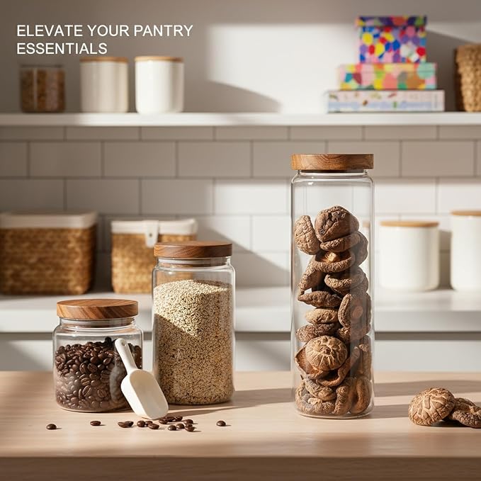 Clear Glass Storage Jars with Acacia Wood Lids for Pantry Organization - Dry Food Containers for Kitchen Countertops - Image 3