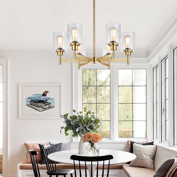 Lynnoland Brushed Gold Chandeliers, 6 Light Farmhouse Chandelier for Dining Room Light Fixtures Over Table, Hanging Light Fixture with Clear Glass Shade for Living Room Bedroom - Image 4