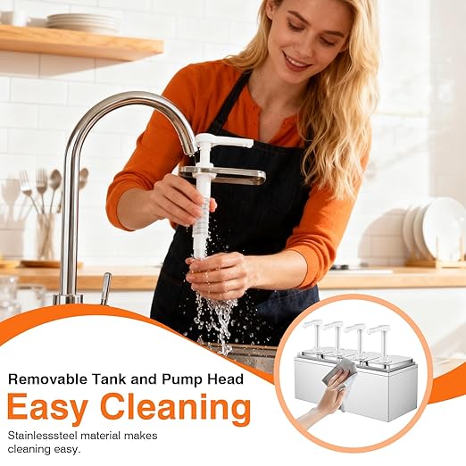 2.11 Quart Stainless Steel Sauce Pump Dispenser,Condiment Pump Station Detachable Leak-Proof Design for Sauce Honey Syrup Dressing,Commercial & Home Kitchen Use (4 Heads, 2L)