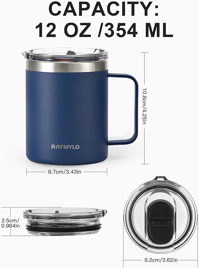RAYMYLO Insulated Coffee Mug 12 oz, Spill-Proof & Detachable Slider Lid | Double Wall Stainless Steel with Thorough Clean Lid & Handle, Cold for 9 Hrs, Suitable for Camp Home Office - Image 6